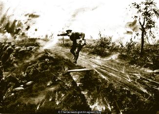Captain Davies leaping across a ditch on his way to assist the wounded in a neighbouring trench (Captain, MC, Royal Warwickshire, Trench, Wounded, WW1)