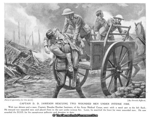 Captain Douglas Dunbar Jamieson rescuing two wounded men under intense fire (Army Medical Corps, Australian, Captain, DSO, Wounded, WW1)