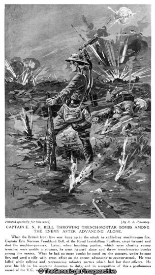 Captain E N F Bell throwing trench mortar bombs among the enemy after advancing alone (1916, 9th Battalion, Captain, Eric Norman Frankland Bell, Picardie, Royal Inniskilling Fusiliers, Thiepval, VC, WW1)