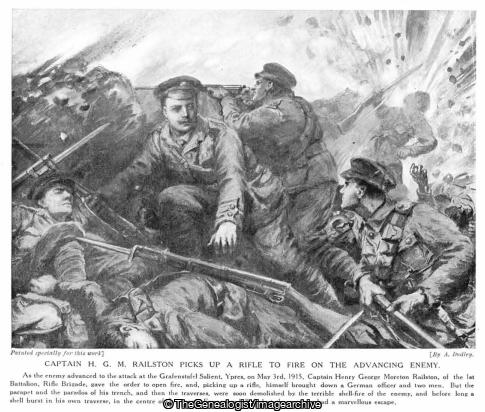 Captain H G M Railston picks up a rifle to fire on the advancing enemy (1915, 1st Battalion, Belgium, Captain, Rifle Brigade, West Flanders, WW1, Zonnebeke)