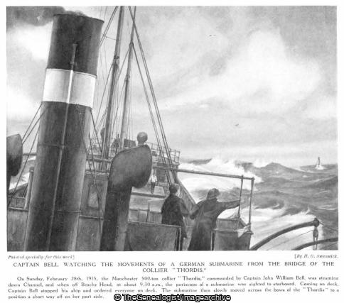 Captain John William Bell watching the movements of a German submarine from the bridge of the collier 'Thordis' (1915, Beachy Head, Captain John William Bell, DSC, English Channel, SS Thordis, U-Boat, WW1)