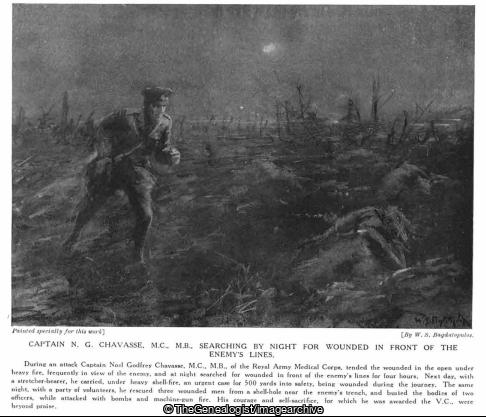 Captain N G Chavasse MC MB searching by night for wounded in front of the enemy's lines (Captain, France, Guillemont, MC, No Man's Land, Noel Godfrey Chavasse, Picardie, RAMC, Stretcher Bearer, VC, Wounded, WW1)
