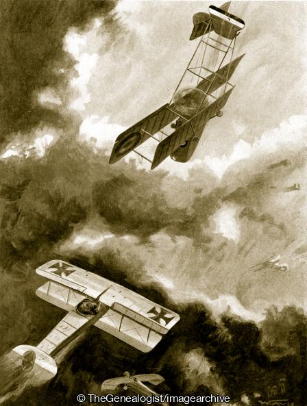 Captain Ralph Newton Adams with Second Lieutenant Vernon as observer and Second Lieutenant Dirk Cloete attacking six enemy machines two of the were brought down and the rest driven off (Biplane, Captain, Dogfight, France, MC, Royal Flying Corps, WW1)