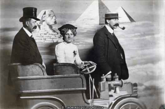 Car in Egypt posed studio shot (C1920, Car, Egypt, pipe, Pyramid, Top Hat)