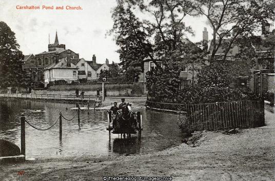 Carshalton Church and Pond (All Saints, carshalton, Church, England, Ford, horse and cart, Pond, Surrey, vehicle)