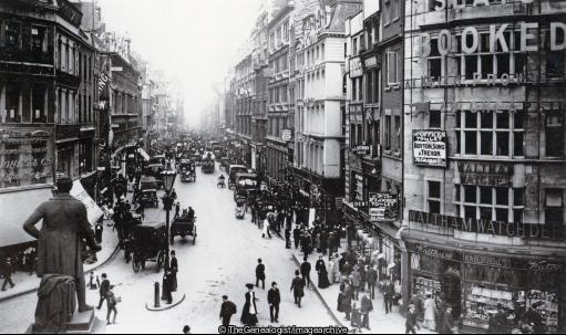 Cheapside Looking East 1907 (1 Rosemount, 1907, ball, Cheapside, England, Hansom Cab, horse drawn cart, Jersey, London, Mrs, Rouge Rue, Statue)