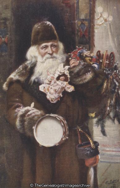 Christmas Santa Claus 1908 (1/2d, 1908-12-22, Andrews, Bedforwell Road, Christmas, doll, Eastbourne, gun, Hellingly, Irenie, Miss, Mr Punch, Santa Claus, Sussex, tambourine)