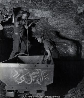 Coal mined by drill (Coal, Coal Miner, Drill, miners lamp, pit, Shovel, Wagon)