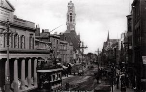 Colchester High Street Looking East C1910 (1910, Colchester, Essex and Suffolk Fire Office, High Street, Town Hall, tram)