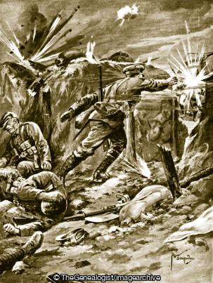 Corporal Anderson attacking singlehanded a large party of Germans who had entered the British trenches (1915, 2nd Battalion, France, Grenade, Neuve Chapelle, Nord-Pas de Calais, Trench, VC, William Anderson, WW1, Yorkshire Regiment)