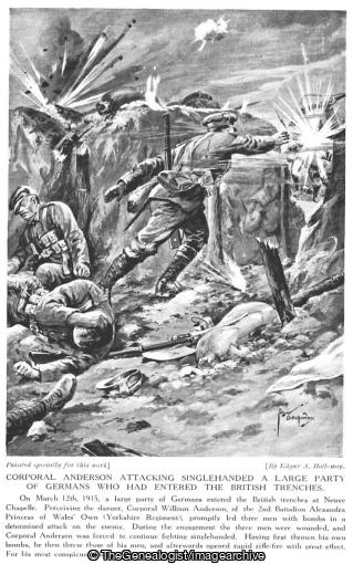 Corporal Anderson attacking singlehanded a large party of Germans who had entered the British trenches (1915, 2nd Battalion, France, Grenade, Neuve Chapelle, Nord-Pas de Calais, Trench, VC, William Anderson, WW1, Yorkshire Regiment)