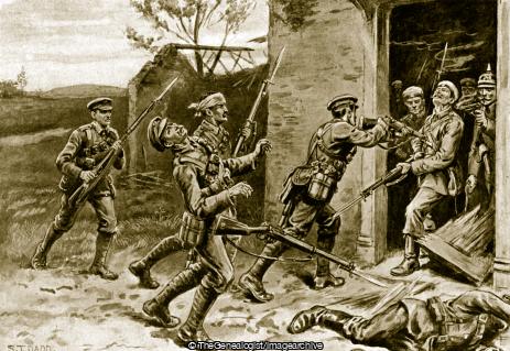 Corporal Cooper and his party driving the enemy from a house which had been occupied by a British patrol (1915, Belgium, Corporal, House, West Flanders, WW1, Ypres)