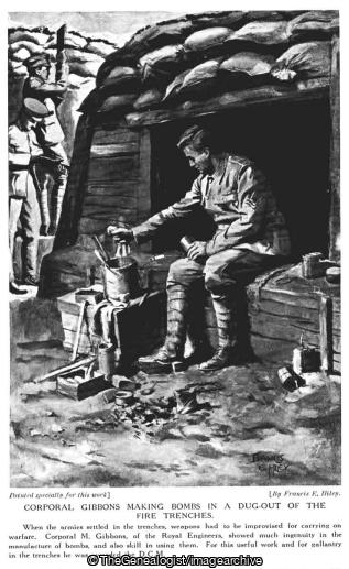 Corporal Gibbons making bombs in a dug out of the fire trenches (Bomb, Cpl M Gibbons, Cpl;M;Gibbons, Soldier, WW1)