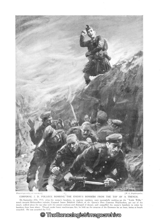 Corporal J D Pollock bombing the enemy's bombers from the top of a trench (Corporal J D Pollock, Hohenzollern Redoubt, James Dalgleish Pollock, Little Willie, Queens Own Cameron Highlanders, WW1)