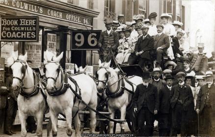 Devon Ilfracombe Colwill's Coach Office July 1907 (1907, Charabanc, Coach and Horses, Colwill's Coaches, Devon, England, High Street, Ilfracombe)