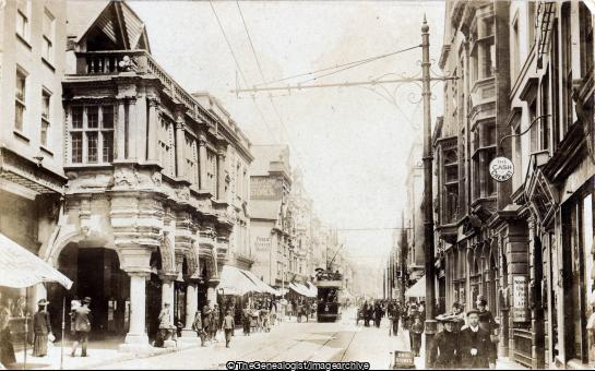 Exeter High Street 1907 (1907, 1907-09-15, D, Devon, Devonshire House King Street, England, Exeter, Guild Hall, Miss, Scarborough, Town Hall, tram, Ward, Yorkshire)