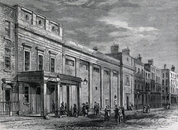 Exterior of the Tottenham Street Theatre 1830 (Charlotte Street, London, Scala Theatre, Theatre, Tottenham, Tottenham Street, Tottenham Street Theatre)