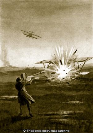 Flight Sub Lieutenant Smylie exploding a bomb in his aeroplane by a pistol shot (flight Sub Lieutenant Smylie, WW1)