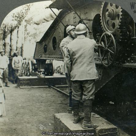 French Gunners Adjusting Large Cannon Mounted on Railway Track France (3d, Artillery, C1917, French, Railway Gun, Soldiers, WW1)