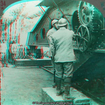 French Gunners Adjusting Large Cannon Mounted on Railway Track France (3d, Artillery, C1917, French, Railway Gun, Soldiers, WW1)
