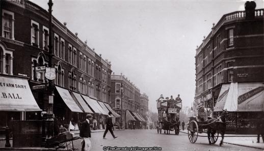 Fulham Road Fulham 1910 (1910, England, Fulham, Fulham Road, handcart, Horse and Carriage, Horse Drawn Omnibus, London)
