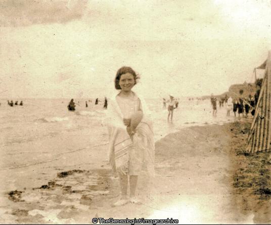 Girl on beach (bathing costume, Beach, C1910, Girl, Swimming)