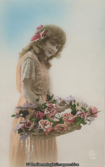 Girl with flowers PC Paris C1920 (basket, C1920, flowers, France, Girl, hand tinted, Paris, Pretty)