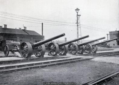 Great Guns in Swindon Works Battery of 6in Guns with Limbers (6 inch Gun, England, Limber, Railway Track, Swindon, Swindon Works, Wiltshire, WW1)