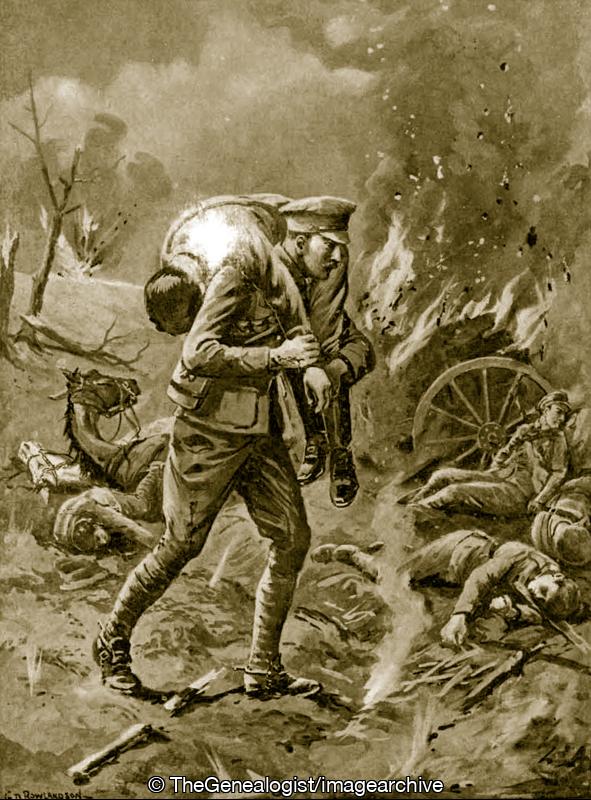 Gunner F Vercoe carrying back his serverly wounded Officer after he himself had been wounded by a shell (Gunner F Vercoe, WW1)