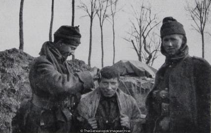 Haircutting in the line March 1915 (1915, Argyll and Sutherland Highlanders, Barber, Haircut, Trench, WW1)