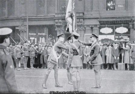 Handing over the Colours of the 6th Battalion to the new 6th Battalion West Yorkshire Regiment March 31st 1920 (1920, 6th Battalion, Colours, England, West Yorkshire, Yorkshire)
