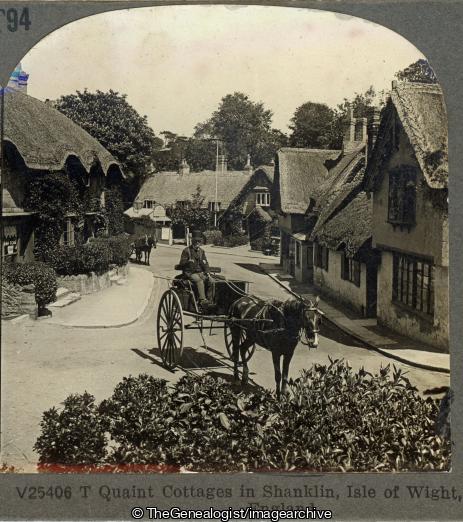 IoW Shanklin cottages (3d, C1925, England, Hampshire, High Street, Horse and Carriage, Isle of Wight, Shanklin, vehicle)