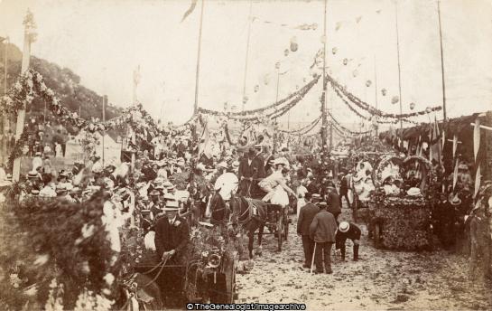 Jersey Battle of Flowers 1908 (1908, Battle of Flowers, Carnival Float, Festival, Float, horse and cart, Jersey)