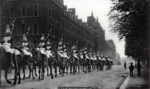 Knightsbridge Barracks and troop of Horse Guards 1903 (1903, Horse Guards, Hyde Park, Hyde Parkl Barracks, Knightsbridge Barracks, South Carriage Drive)
