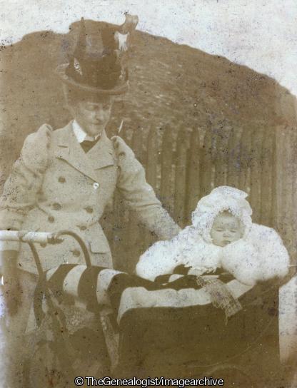 Lady with baby in pram 1902 (1902, Baby, Lady, Pram)