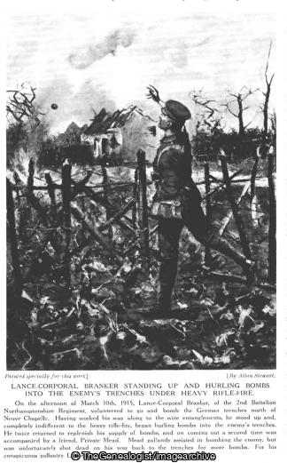 Lance Corporal Branker standing up and hurling bombs into the enemy's trenches under heavy rifle fire (Lance Corporal Branker, WW1)