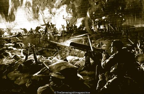 Lance Corporal Hodge preventing the enemy from reaching a mine crater by the fire of his machine gun (Lance Corporal Hodge, WW1)