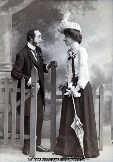 Large nosed comic couple C1890 (Actor, actress, Comic, comic theme, Gate, mutton chops, parasol, sideburns)