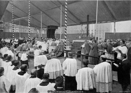 Laying the Foundation Stone of the Roman Catholic Cathedral at Westminster (1895, Bishop of Liverpool, Bishop of Nottingham, Bishop of Southwark, Cardinal Logue, Cathedral, England, Herbert Vaughan, London, Roman Catholic, Westminster, Westminster Cathedral)