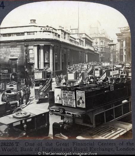 London Bank of England and Royal Exchange 1920s (3d, Bank of England, C1920, City of London, Cornhill, England, London, omnibus, Royal Exchange, Threadneedle Street, vehicle)