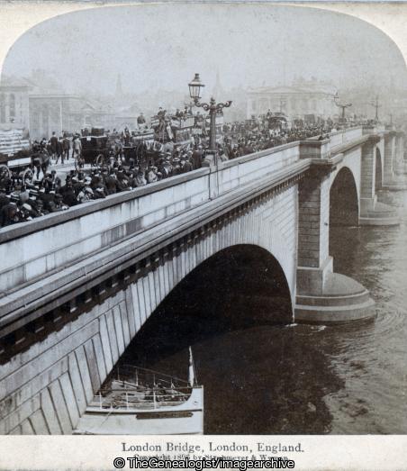 London Bridge 1896 (1896, 3d, Bridge, England, Horse and Carriage, Horse Drawn Omnibus, London, London Bridge, River, Thames)