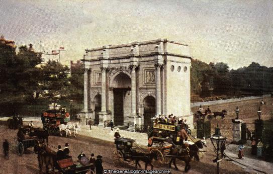 Marble Arch, London (England, Horse and Carriage, horse and cart, Horse Drawn Omnibus, Hyde Park, London, Marble Arch)
