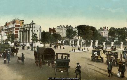 Marble Arch, London (Bus, C1910, Car, handcart, Horse and Carriage, horse and cart, Hyde Park, London)