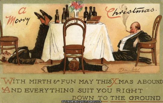 Merry Christmas under the table (C1920, Christmas, Comic, comic theme, Drinking, Greetings Card)