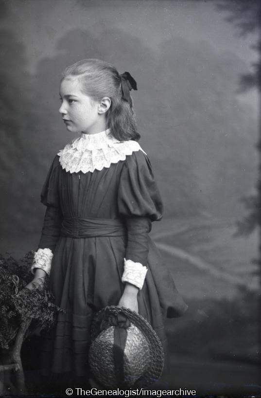 Miss Perkin holding hat (1886, Girl, Hills & Saunders, Lace, Miss Perkin, Ribbon, Straw Hat, studio)
