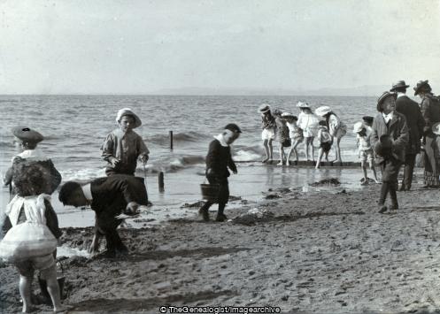 Morecambe children playing on beach (Beach, C1900, Children, England, Lancashire, Morcambe, Morecambe, paddling)
