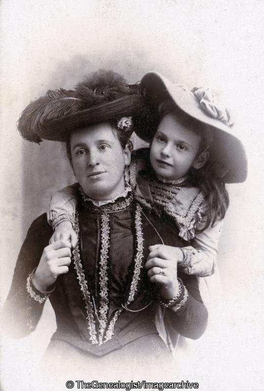 Mother and Daughter 1890 Cabinet Card Photog E mentor (C1890, child, feather hat, girl, mother and daughter, woman)
