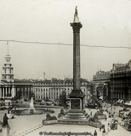 Nelson Monument and Trafalgar Square London (3d, C1920, Charing Cross, England, London, Nelsons Column, St Martin in the fields, Trafalgar Square, Westminster)