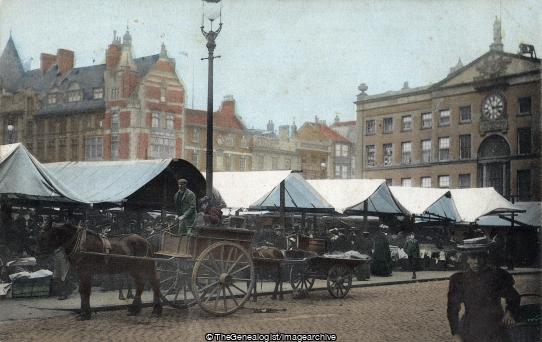 Nottingham, The Market Place (England, horse and cart, Market, Market Place, Nottingham, Nottinghamshire, vehicle)