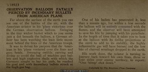 Observation Balloon Fatally Pierced by Incendiary Bullets from American Plane (3d, American, Biplane, C1917, German, Observation Balloon, WW1)